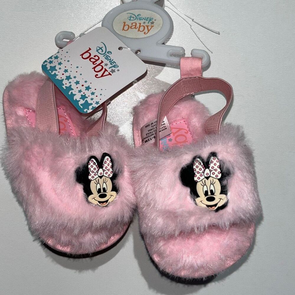 Disney‎ Baby Minnie Mouse Pink Faux Fur Slide Slippers Elastic Strap 9-12M NEW